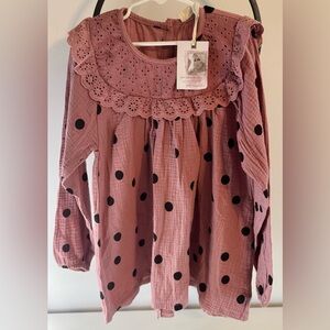 Jessica Simpson Pink Girls 7 8 Polka Dot Mauve Kids Blouse Eyelet